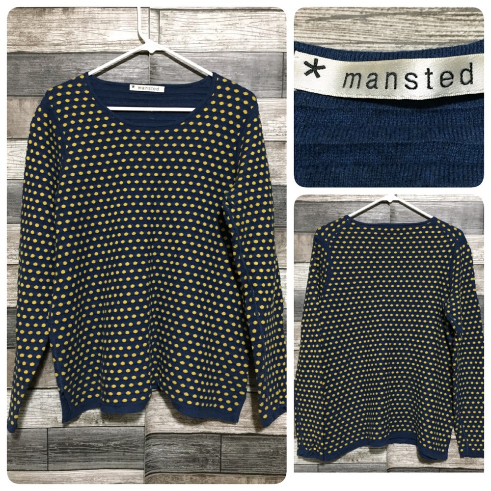 Mansted Polka Dot Sweater Women’s L Blue Yellow Pullover 100% Eco Cotton